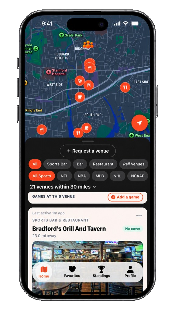 Rali fan app — map, filters, and nearby venues